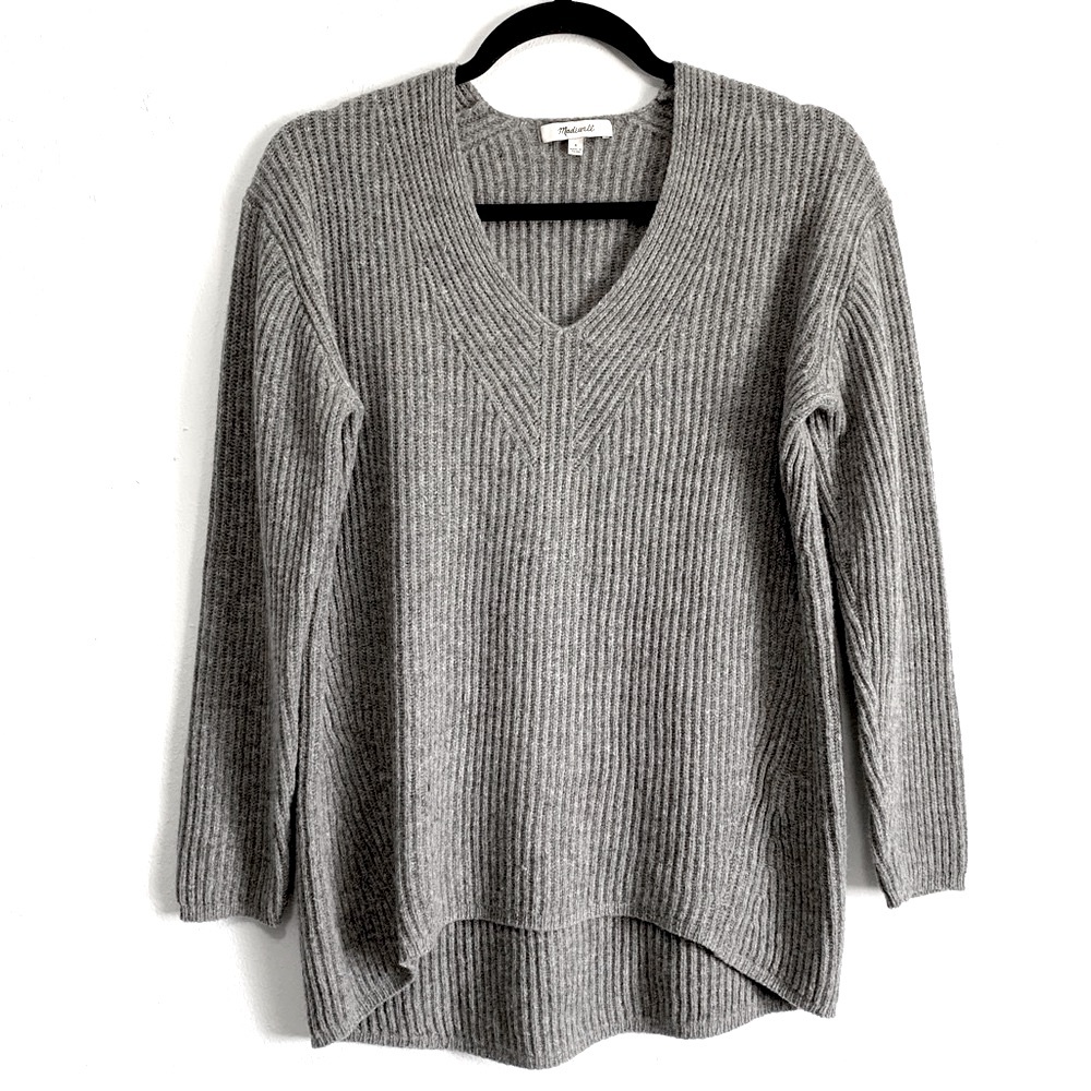 Madewell 100% Merino Wool Grey Ribbed Knit V-Neck Sweater